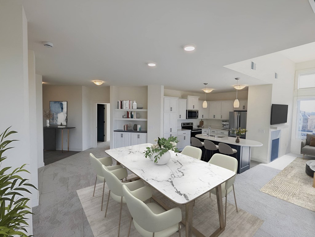 an open kitchen and dining room with a marble table and white chairs