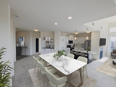 an open kitchen and dining room with a marble table and white chairs