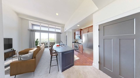 a kitchen with a blue counter top in a living room
