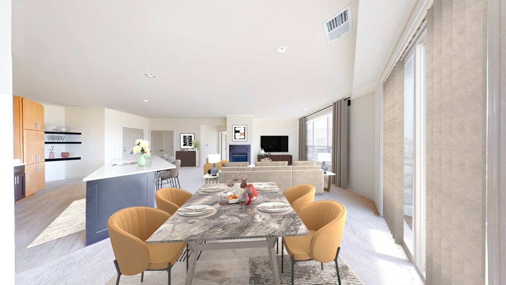 A modern dining room with a long table and chairs.