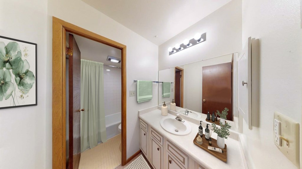 A bathroom with a sink, mirror, and a shower.