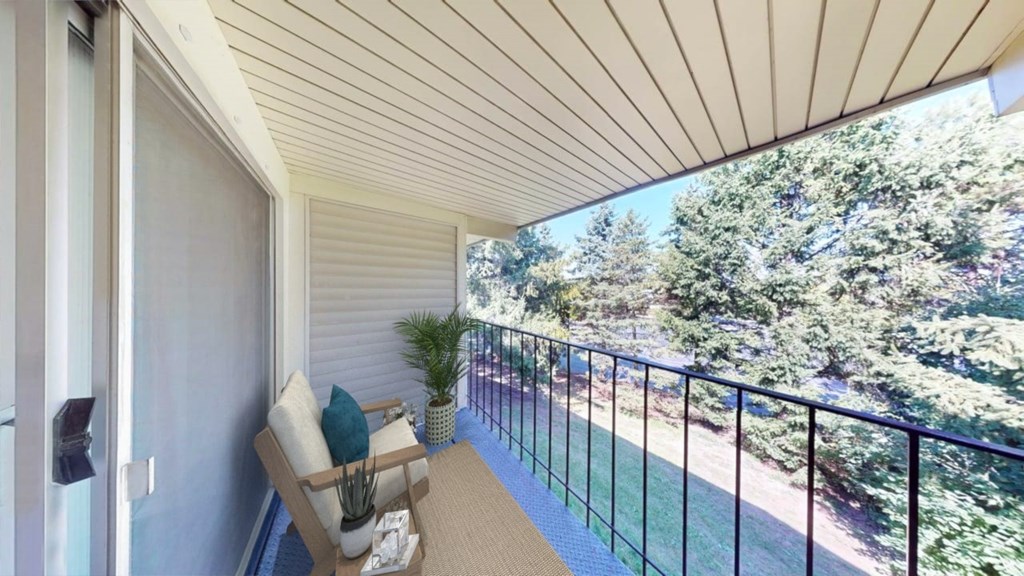 A balcony with a chair and a potted plant.