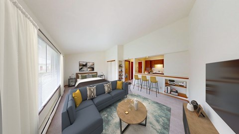 A living room with a grey couch and a coffee table.