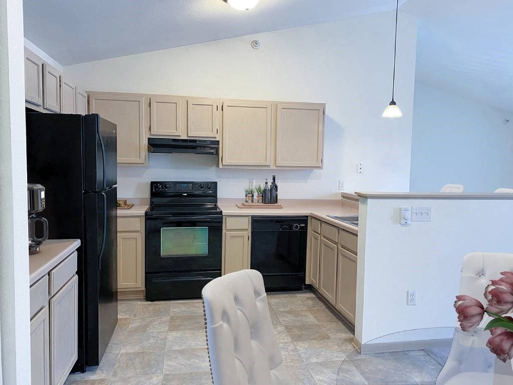 a kitchen with a black stove and a black refrigerator