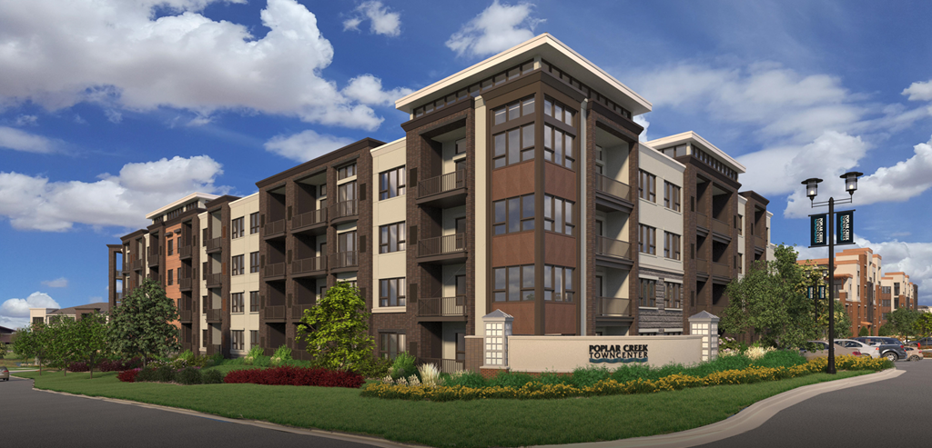 a rendering of an apartment building on the corner of a street