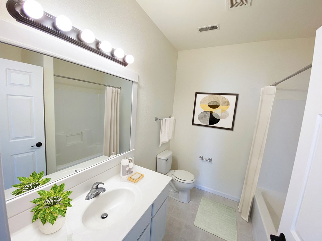 a bathroom with a large mirror and a sink and a toilet
