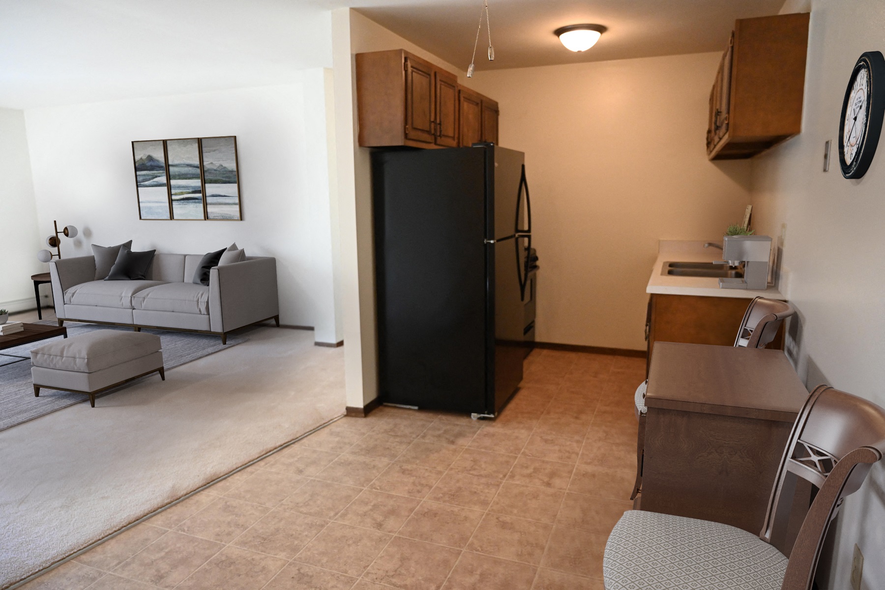 Fully equipped kitchen featuring gas range/oven, refrigerator, and dishwasher