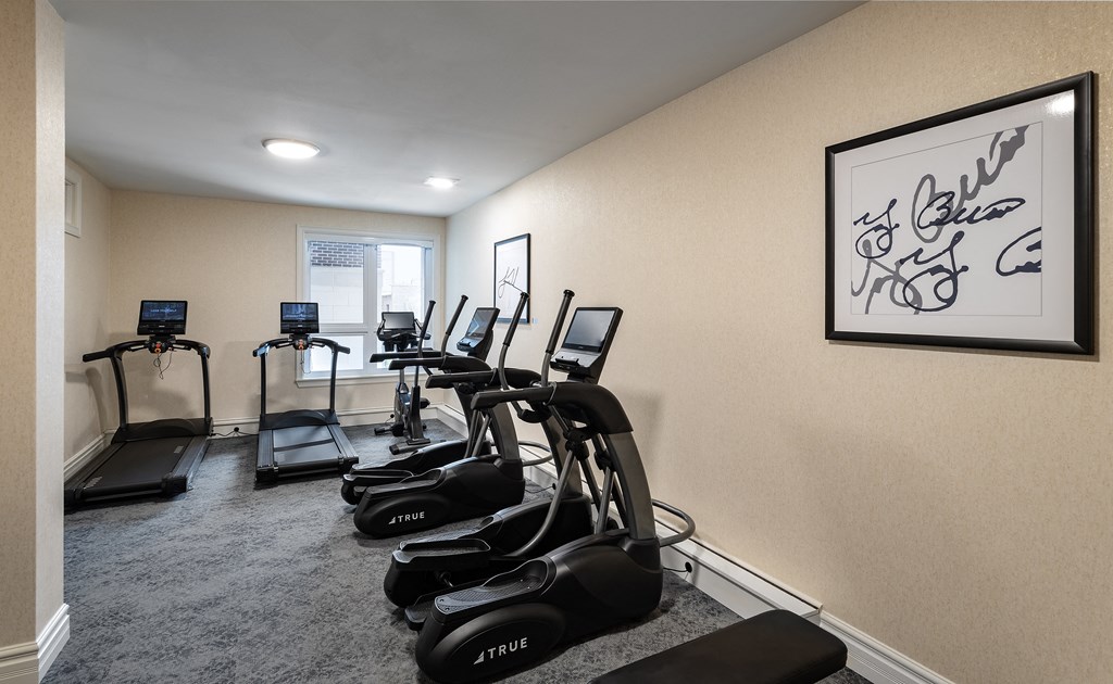 the gym with cardio equipment at the preserve at polk apartments