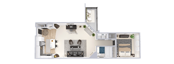 a floor plan of a one bedroom apartment with a fireplace and a balcony