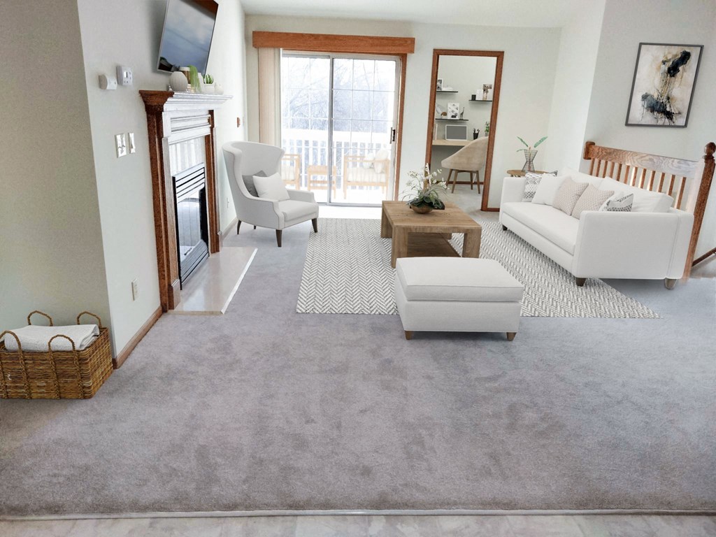a living room with white furniture and a rug