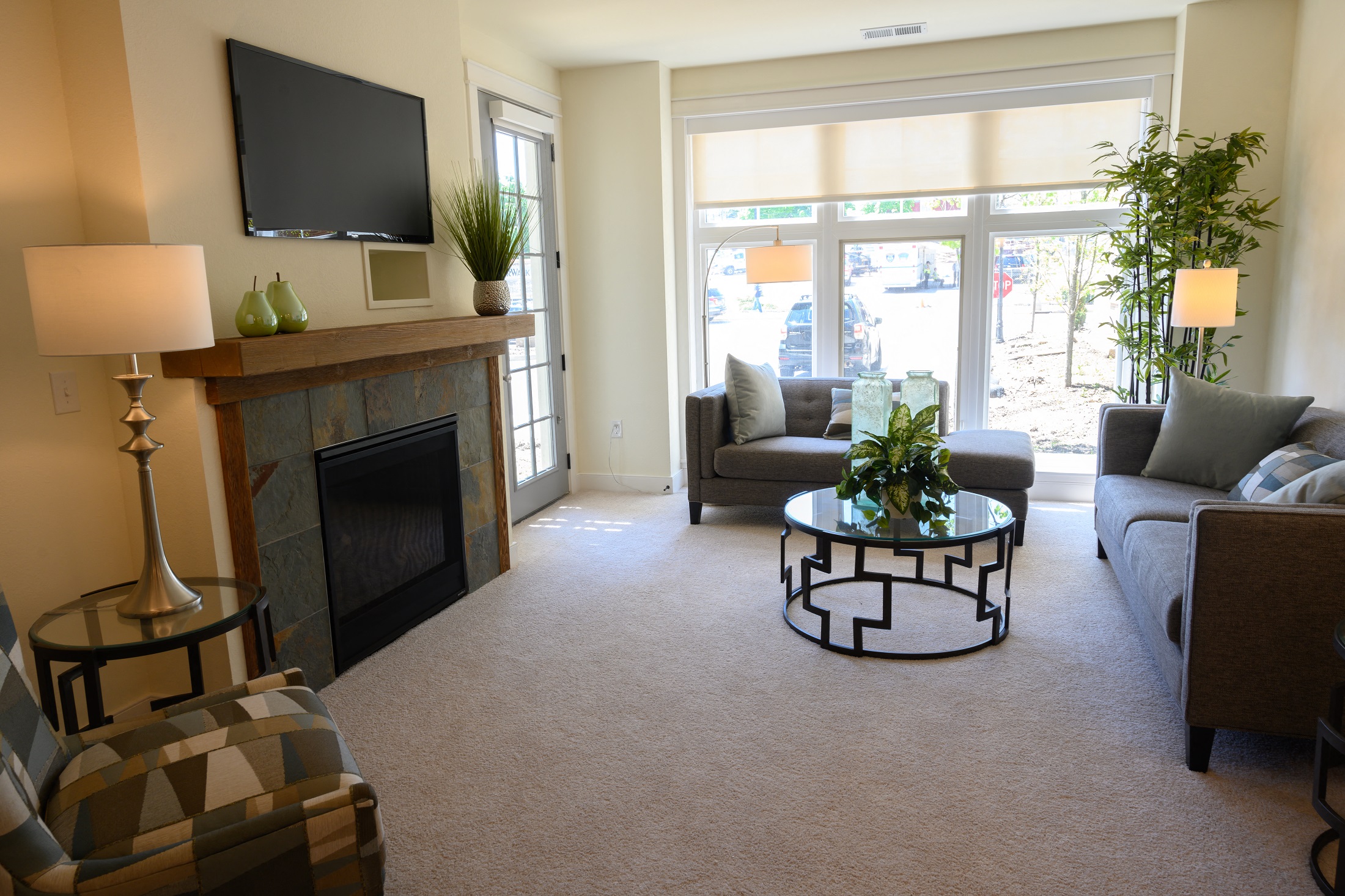 a living room with a fireplace and couches