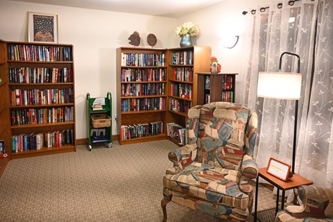 A room with a chair and a bookshelf filled with books.