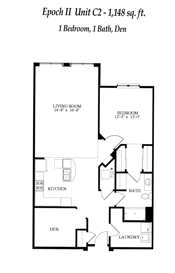 A floor plan of a one bedroom, one bathroom den.