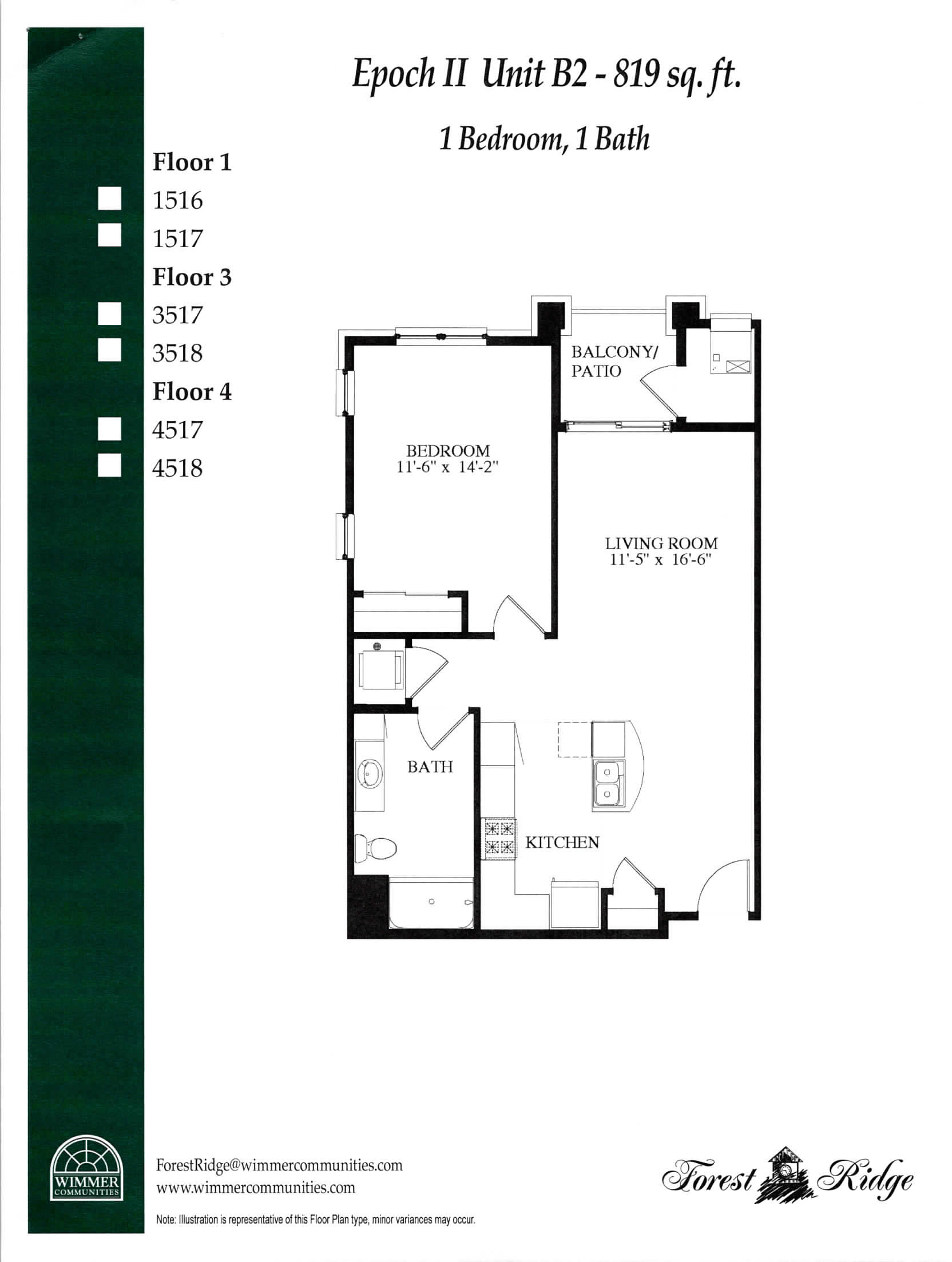 A floor plan for a 1 Bedroom, 1 Bath apartment at Forest Ridge in Epoch II Unit B2 - 819 sq.ft.