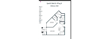 A floor plan for a 1 bedroom, 1 bath apartment.