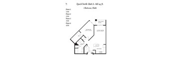 A drawing of a floor plan for a 845 square feet apartment with 4 floors and 2 bathrooms.