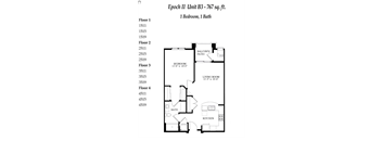 A floor plan for a 767 square foot home with one bedroom and one bath.