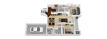 a 3d rendering of a floor plan with a car and a balcony