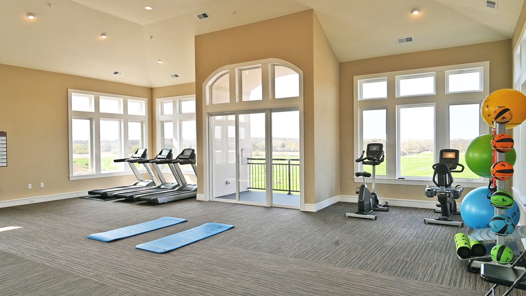 a gym with exercise equipment and windows at the at the park apartments