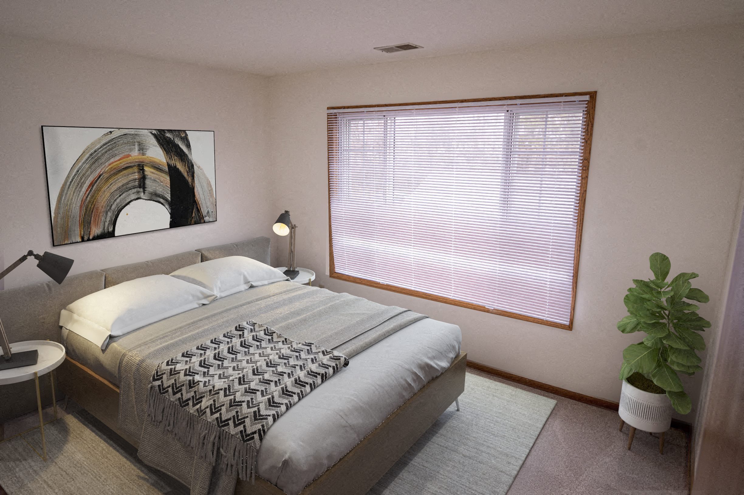 a bedroom with a bed and a window and a plant