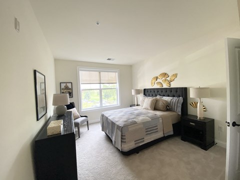 a bedroom with a large bed and a window