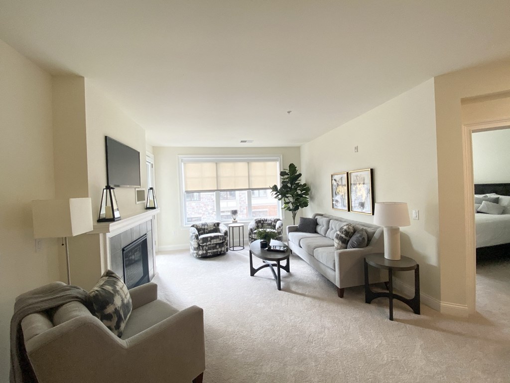 a living room with a couch and a chair and a fireplace