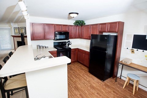A kitchen with a black refrigerator and wooden cabinets.