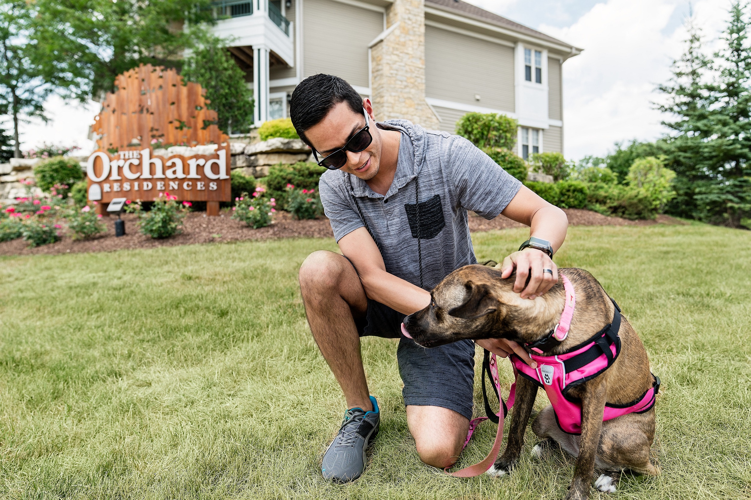 a man kneeling down with his dog in a pink harness in front of a house
