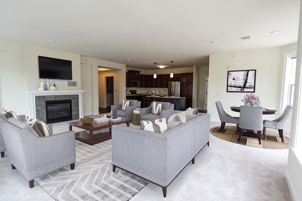 a living room with couches and chairs and a fireplace