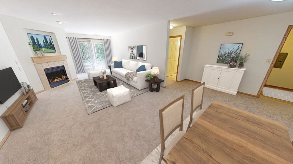 a living room with a couch and a table