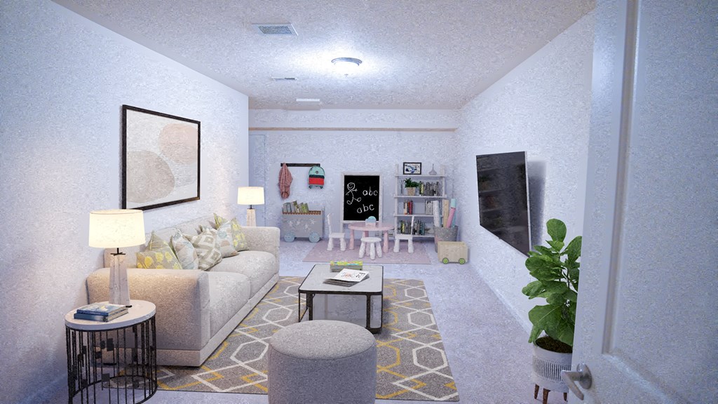 a rendering of a living room with a couch and a table