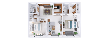 A top-down view of a house layout with various rooms and furniture.