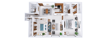 A top-down view of a house layout with a kitchen, living room, dining area, and bathrooms.