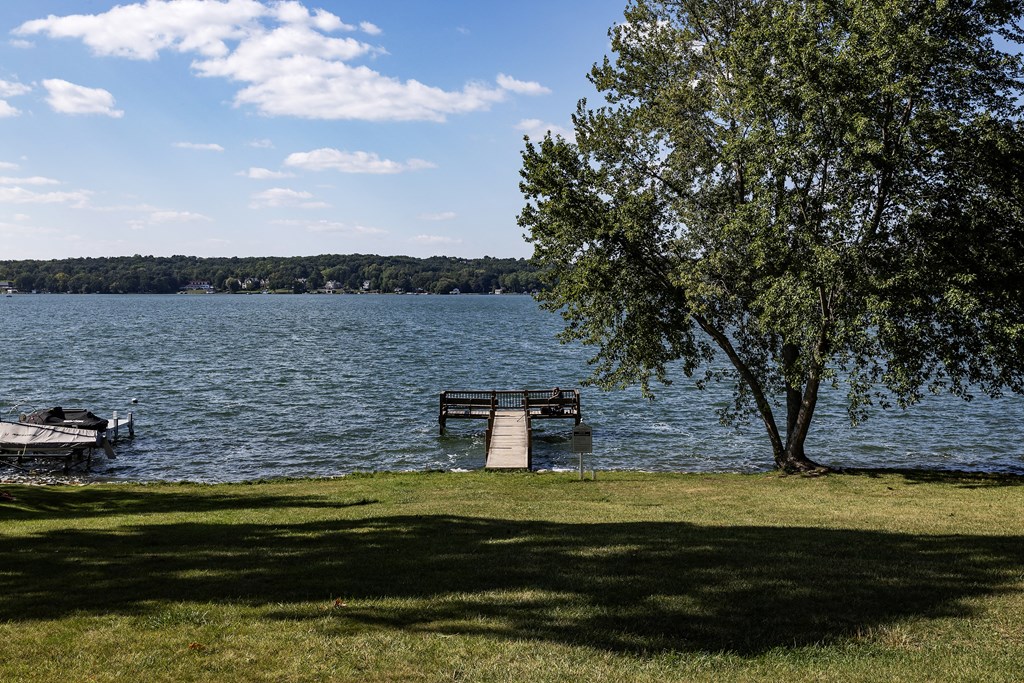 a dock on a lake next to a tree