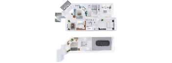 A floor plan of a two-story house with a garage.