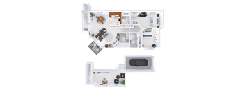 A floor plan of a house with a living room, kitchen, and two bedrooms.