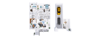 A floor plan of a house with a garage and a car.