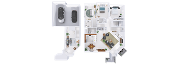 A floor plan of a house with two bedrooms, a living room, a kitchen, and a garage.