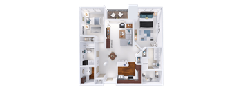 a 3d rendering of a floor plan with a bedroom and a living room