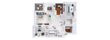 A detailed 3D floor plan of a house layout.