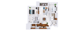 A detailed 3D floor plan of a house layout.