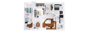 A detailed 3D floor plan of a small apartment layout.