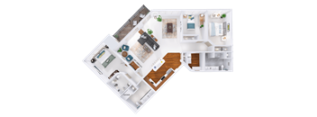 A detailed 3D floor plan of a house showing all rooms and their furnishings.