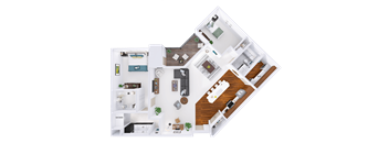 A detailed 3D floor plan of a house showing all rooms and their contents.