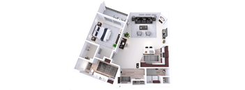 a 3d rendering of the first floor of a two bedroom apartment