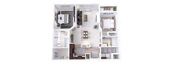 Floor plan of a one bedroom apartment with two bathrooms and a balcony