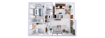 A 3D floor plan of a house showing a living room, kitchen, and bathroom.