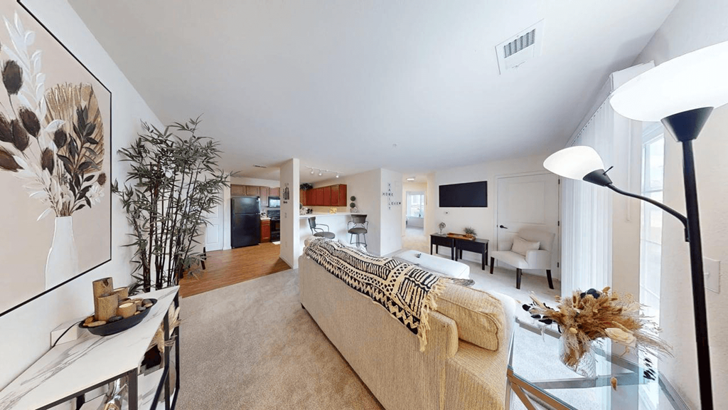 A living room with a couch and a lamp.