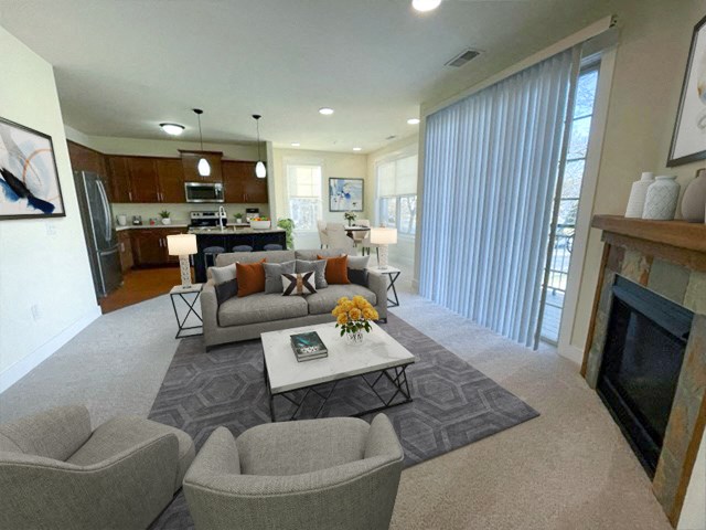 a living room with a couch and a table