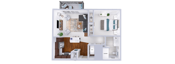 a 3d rendering of a furnished floor plan with a bedroom and living room